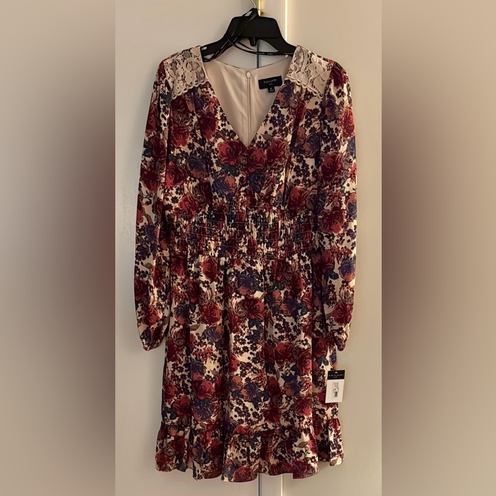 Tahari Burgundy and Cream Floral Long Sleeve Dress